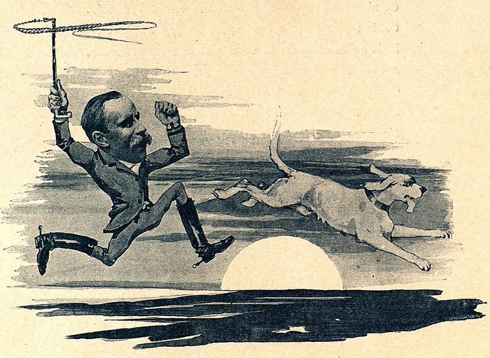 Dessin humoristique - Illustration tirée du Traité de chasse du lièvre dans le Poitou - Louis de La Roulière (1888) - Pairault (Paris) - BnF (Gallica)